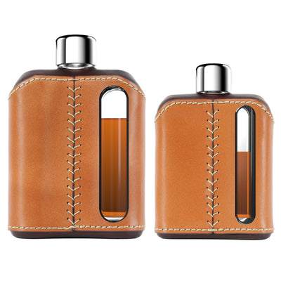 Dark & Tan Leather Glass Flask Gift Set (Single Shot 100mL + Double Shot 240mL)