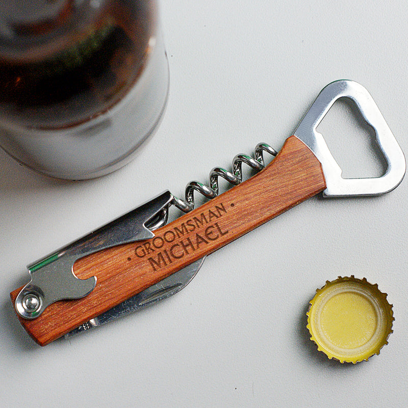 Personalized Groomsmen Dots 5 1/4 inch Wooden Can Opener & Wine Corkscrew