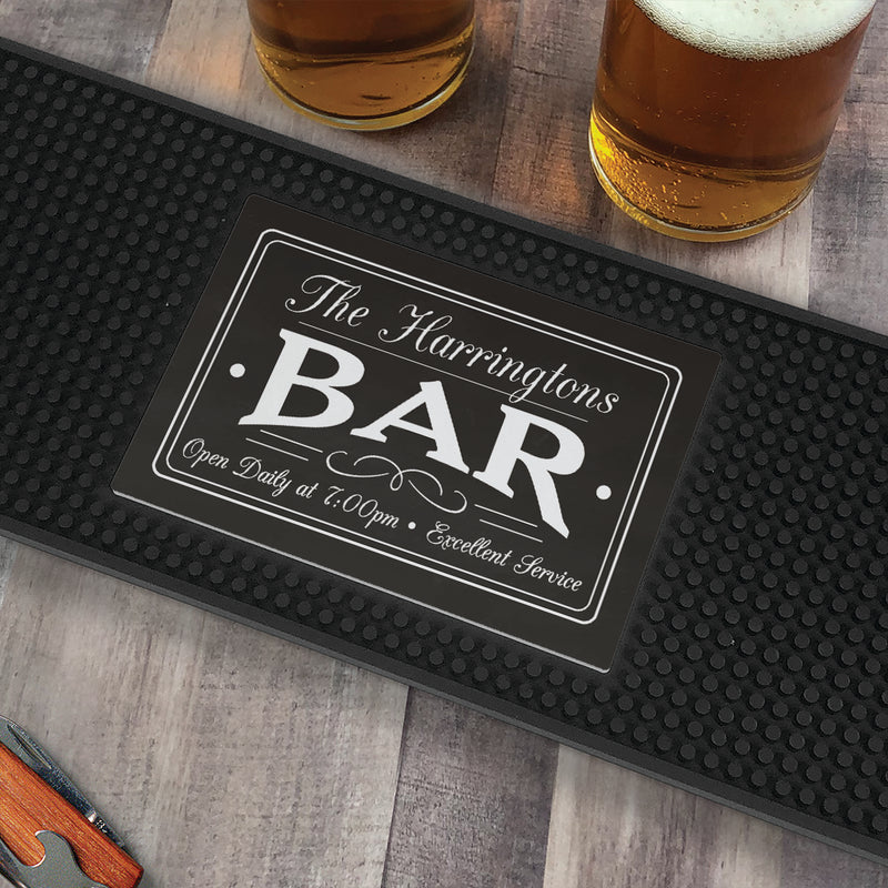 Personalized Family Name Bar Open Daily with Time Bar Mat