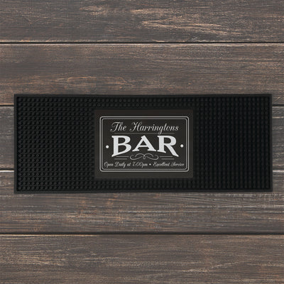 Personalized Family Name Bar Open Daily with Time Bar Mat