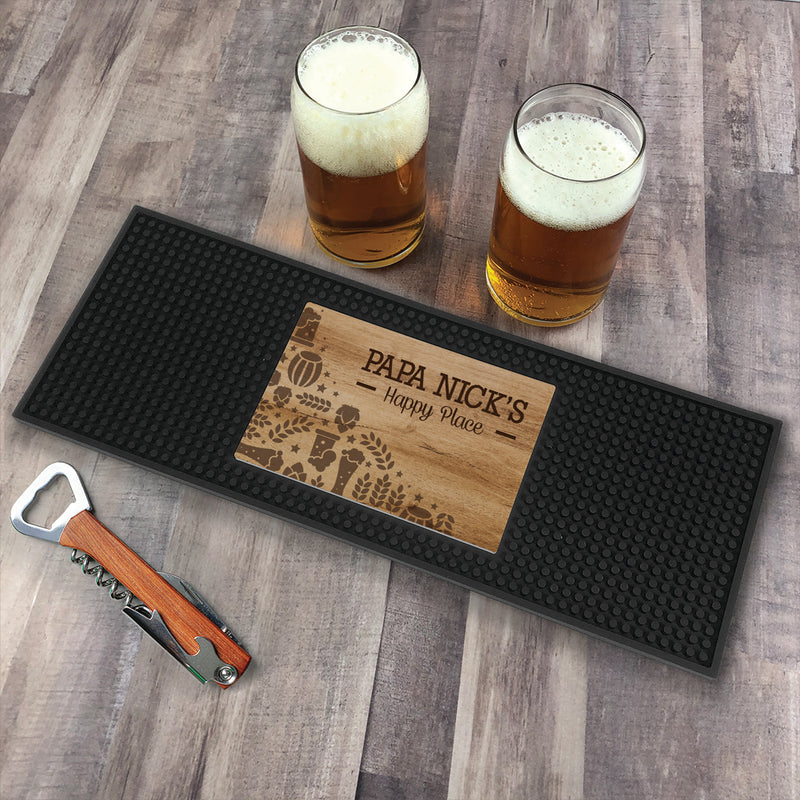 Personalized Wood Background Beer Icons Bar Mat