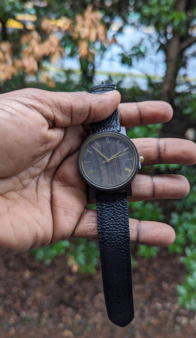 Personalized Arce Wooden Watch | Black Leather