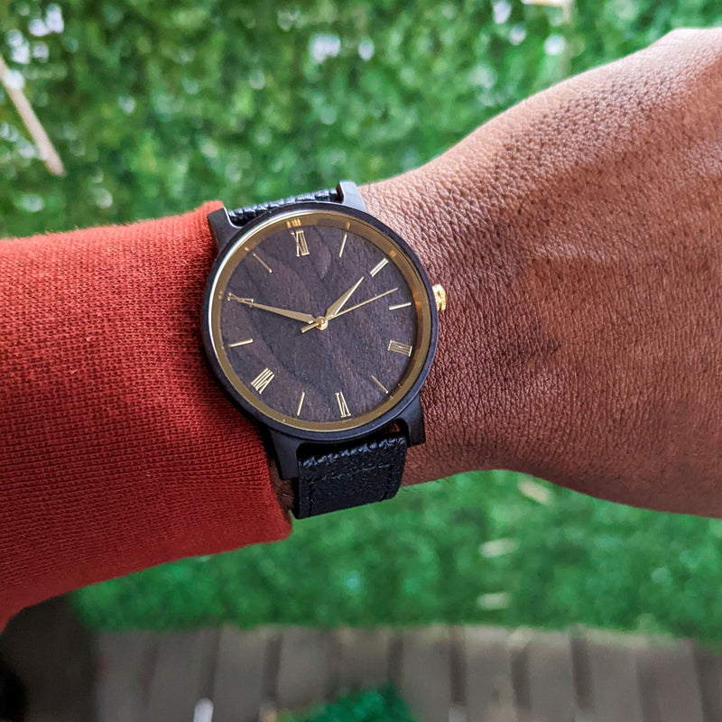 Personalized Arce Wooden Watch | Black Leather