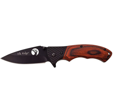 Personalized Brown Wood Handle Black Finish Blade Folding Knife