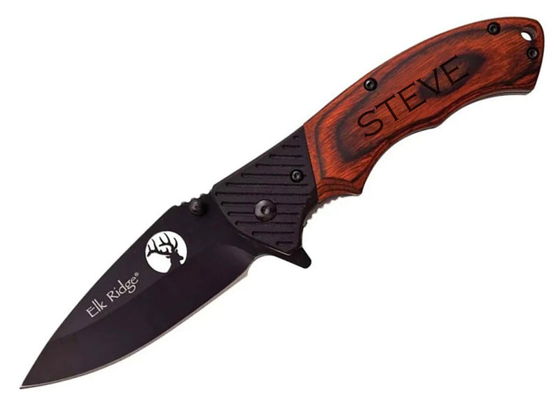 Personalized Brown Wood Handle Black Finish Blade Folding Knife