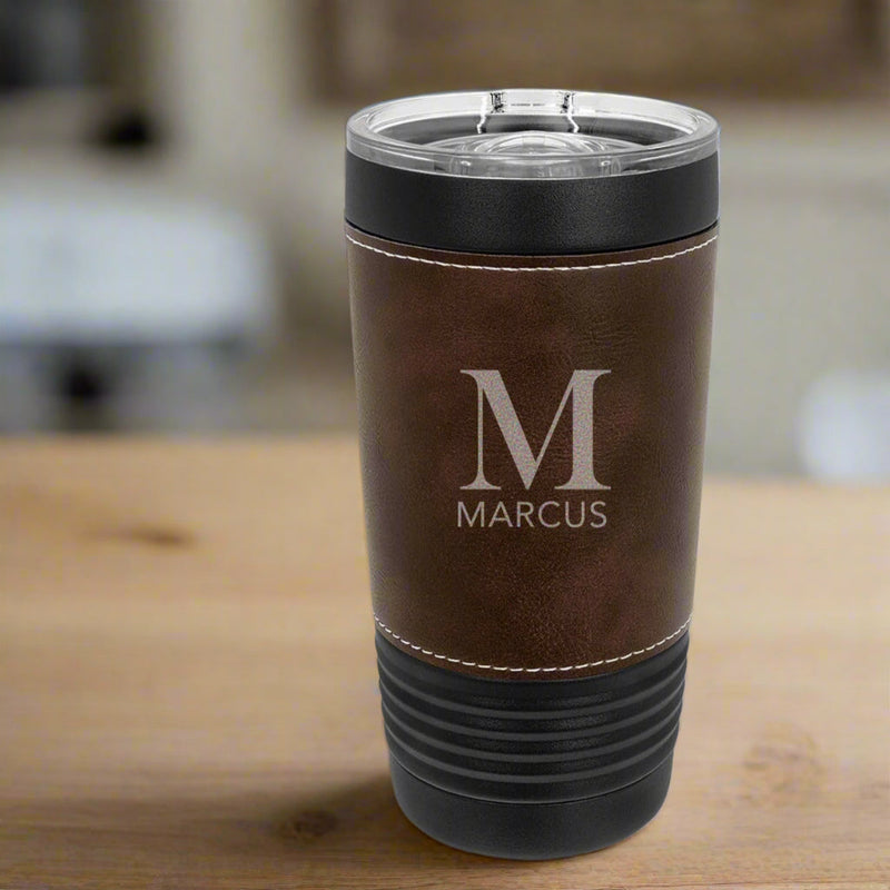 Personalized 20oz. Black Tumbler with Engraved Leatherette