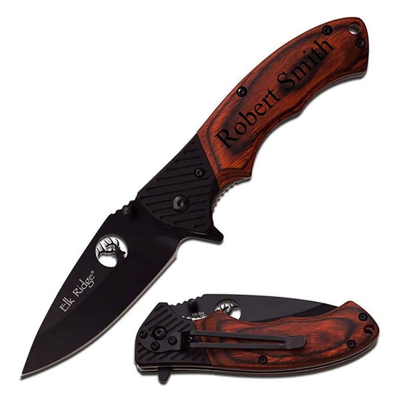 Personalized Brown Wood Handle Black Finish Blade Folding Knife