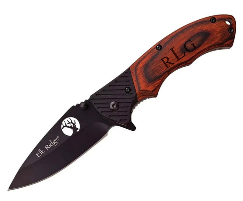 Personalized Brown Wood Handle Black Finish Blade Folding Knife