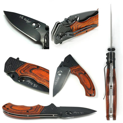 Personalized Brown Wood Handle Black Finish Blade Folding Knife