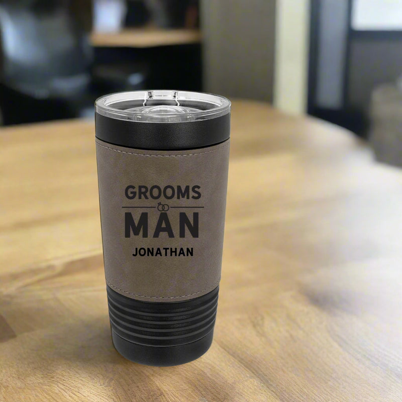 Personalized 20oz. Black Tumbler with Engraved Leatherette for Groomsmen