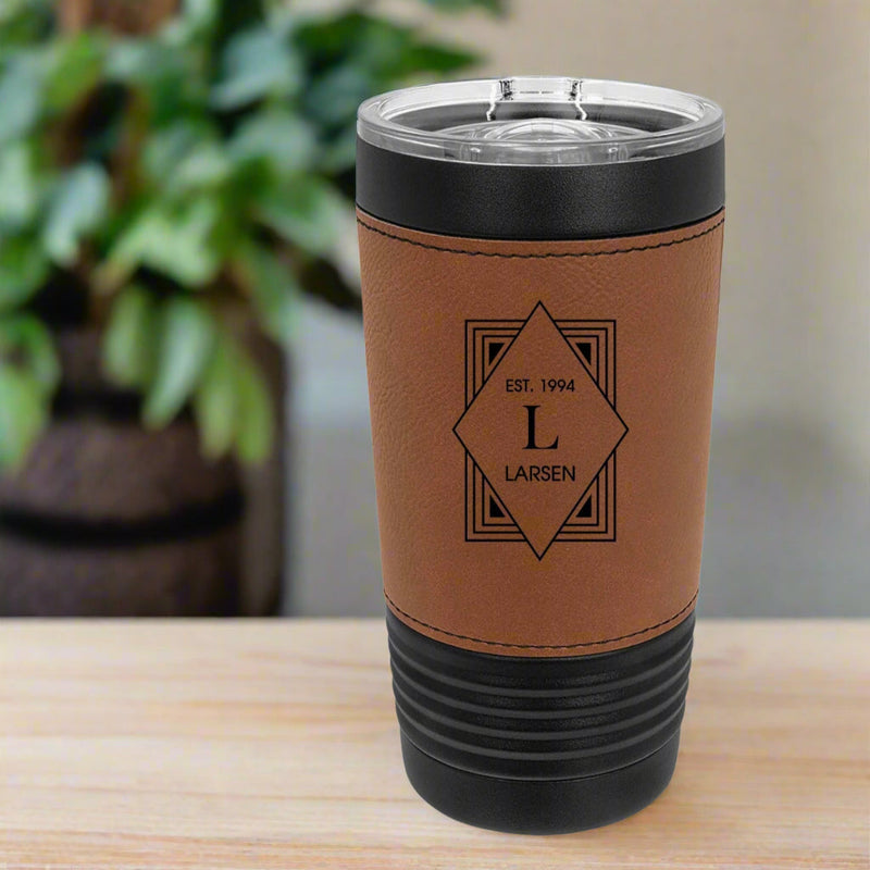 Personalized 20oz. Black Tumbler with Engraved Leatherette