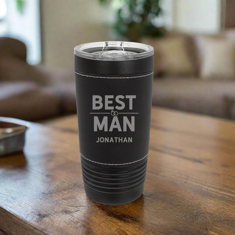 Personalized 20oz. Black Tumbler with Engraved Leatherette for Groomsmen