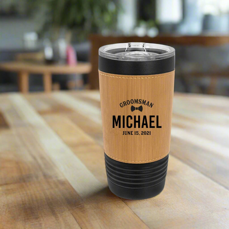 Personalized 20oz. Black Tumbler with Engraved Leatherette for Groomsmen