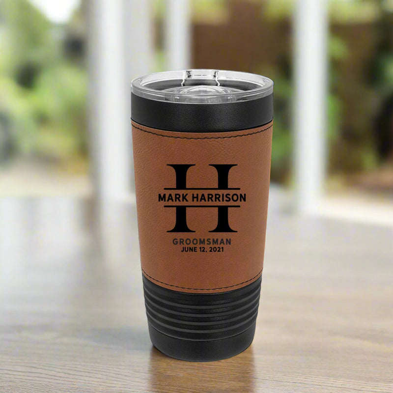 Personalized 20oz. Black Tumbler with Engraved Leatherette for Groomsmen