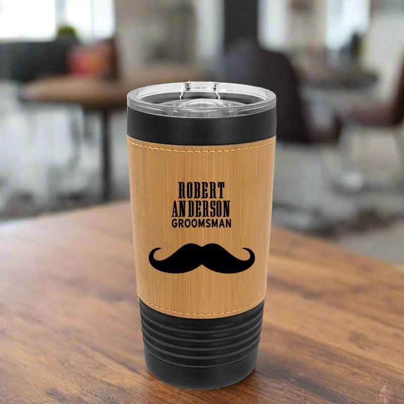 Personalized 20oz. Black Tumbler with Engraved Leatherette for Groomsmen