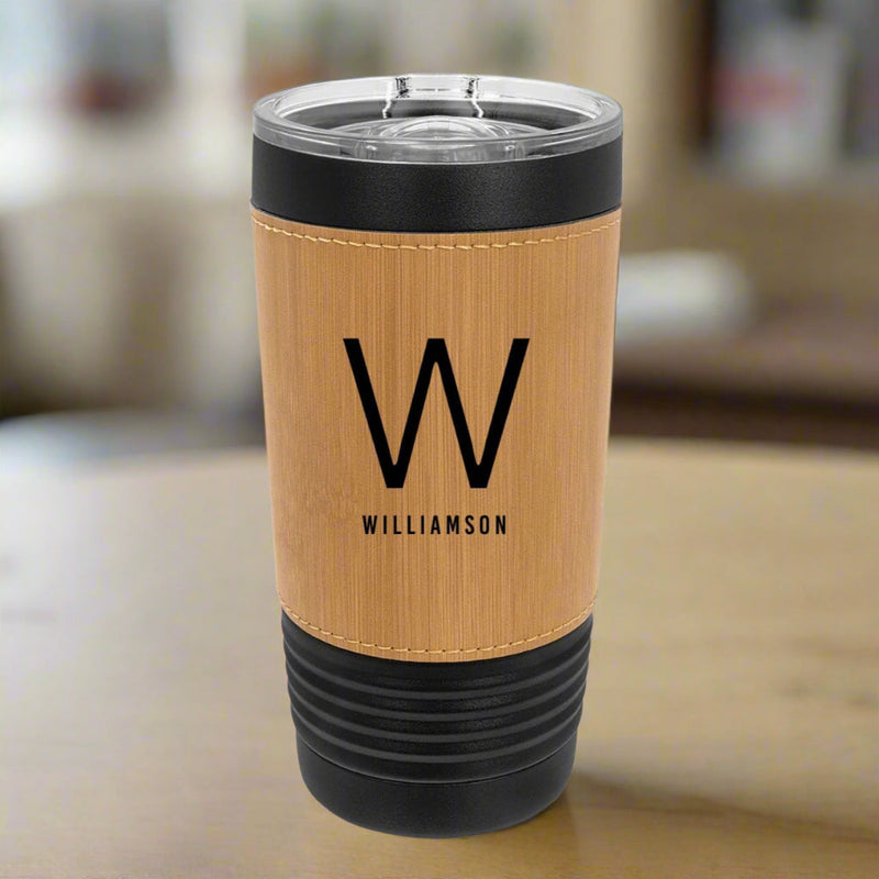 Personalized 20oz. Black Tumbler with Engraved Leatherette