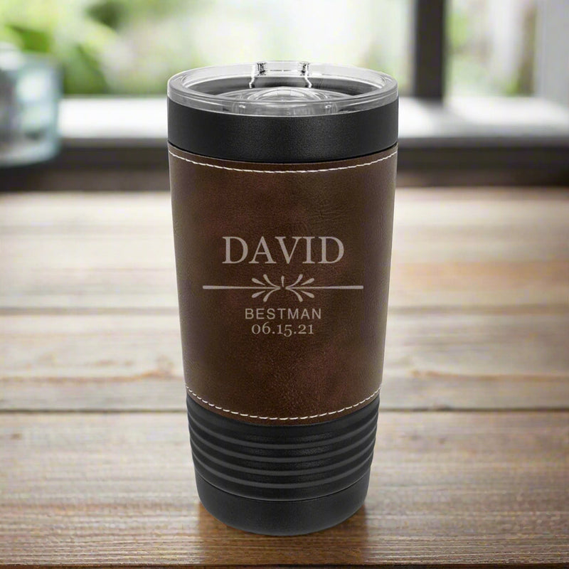 Personalized 20oz. Black Tumbler with Engraved Leatherette for Groomsmen