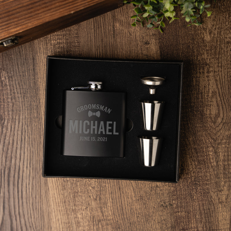 Personalized Matte Black Flask Set with Shot Glasses