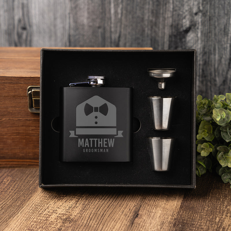 Personalized Matte Black Flask Set with Shot Glasses