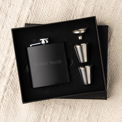 Personalized Matte Black Flask Set with Shot Glasses