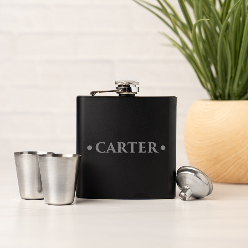 Personalized Matte Black Flask Set with Shot Glasses