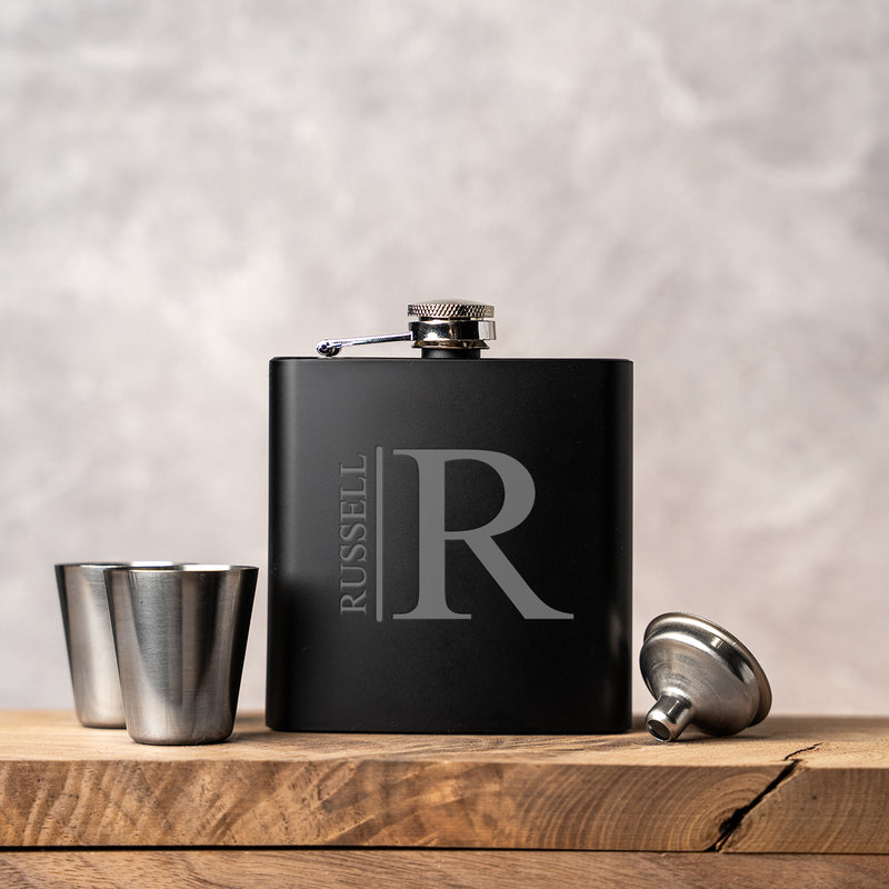 Personalized Matte Black Flask Set with Shot Glasses