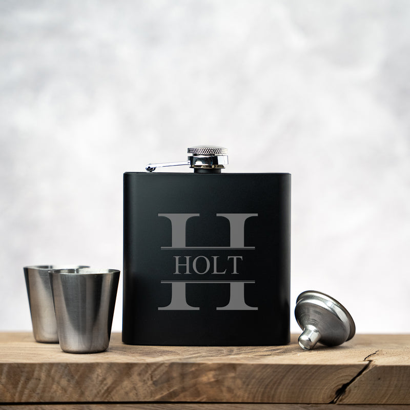 Personalized Matte Black Flask Set with Shot Glasses