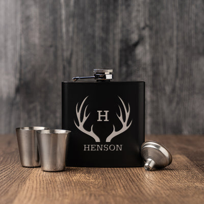 Personalized Matte Black Flask Set with Shot Glasses