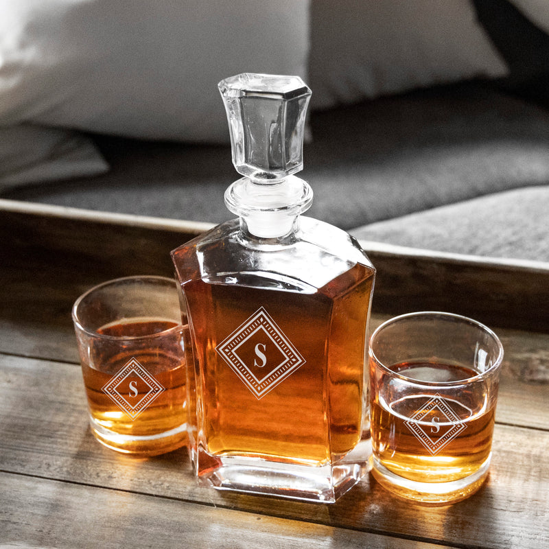 Personalized Whiskey Decanter Set with 2 Lowball Glasses - Modern Designs