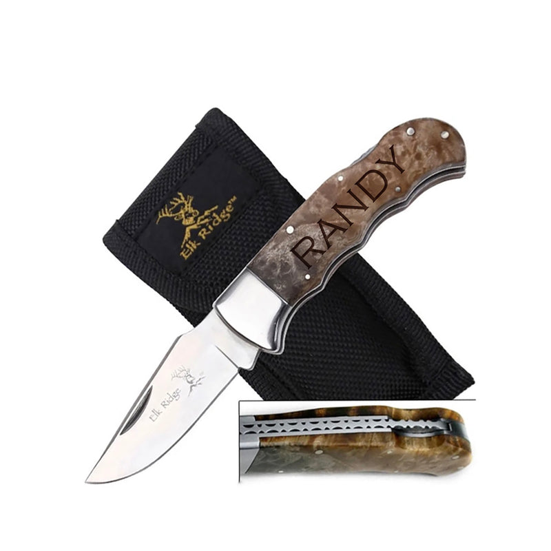 Personalized Burl Wood Handle Silver Blade Knife