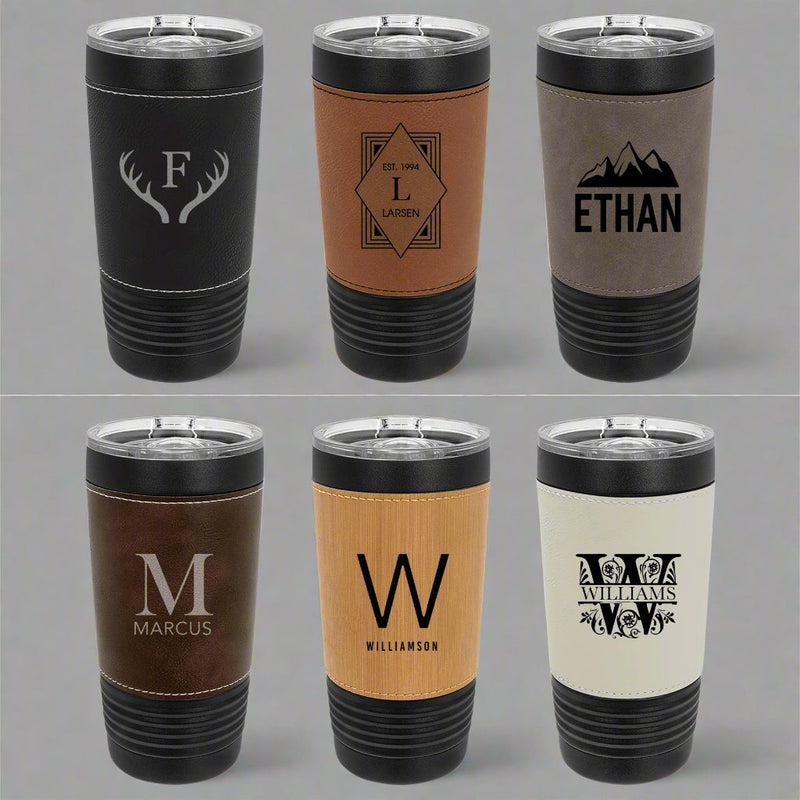 Personalized 20oz. Black Tumbler with Engraved Leatherette