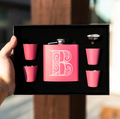 Personalized Pink Flask Set with Shot Glasses