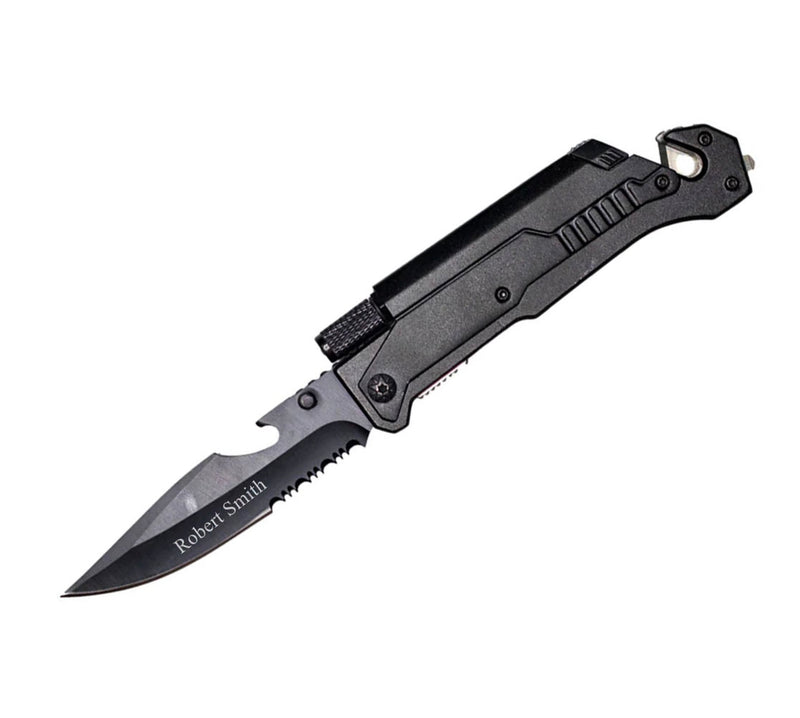 Personalized Black Utility Knife with Flashlight