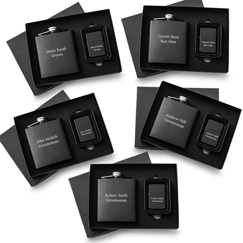 Groomsmen Gift Box Set of Personalized Black Flasks & Lighters